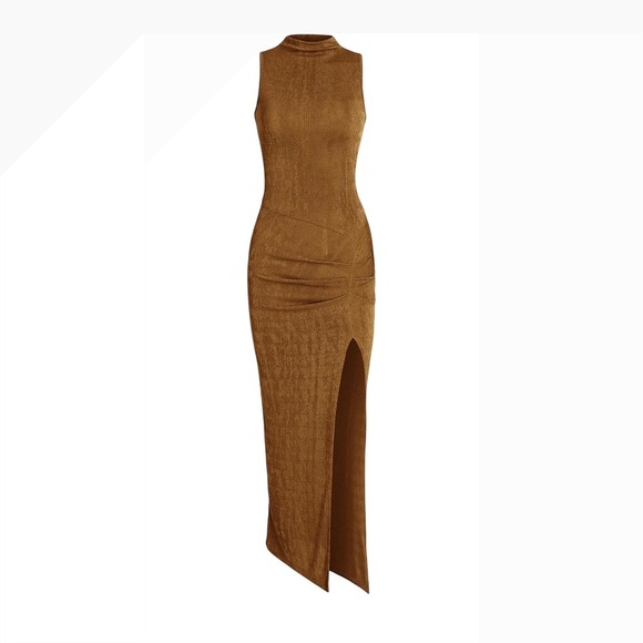 Semi sheer Sleeveless Mock Neck Maxi Dress with Thigh High Slit - Brown Knit s - Picture 2 of 5